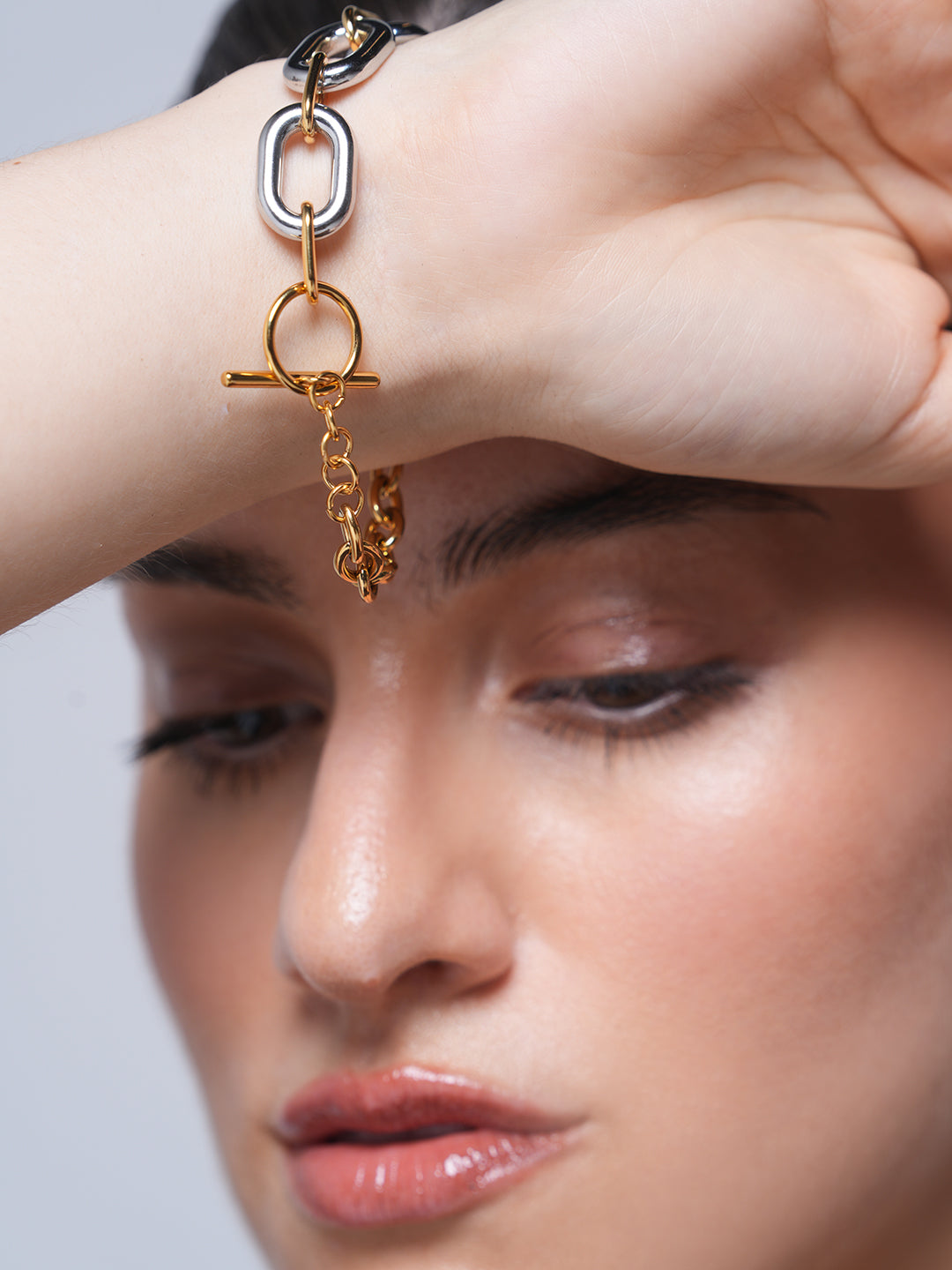 Gold and Silver Color Block Oval Hollow Circle Cross Chain Bracelet