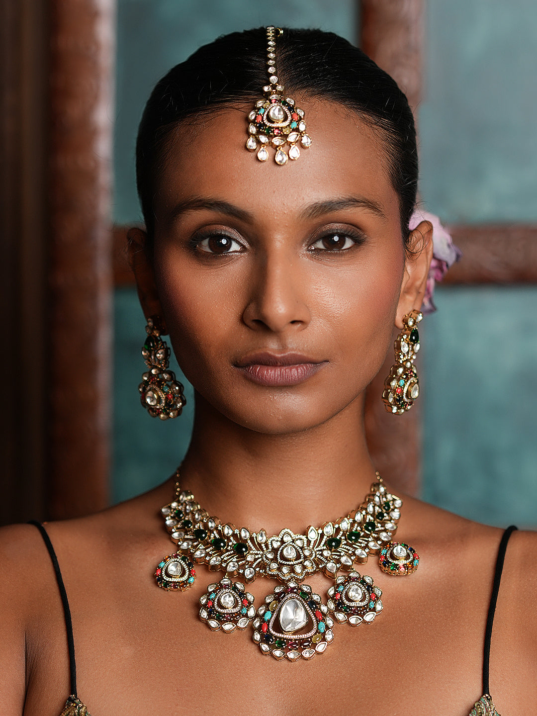 Premium Kundan Necklace with Navrattan Pendant
