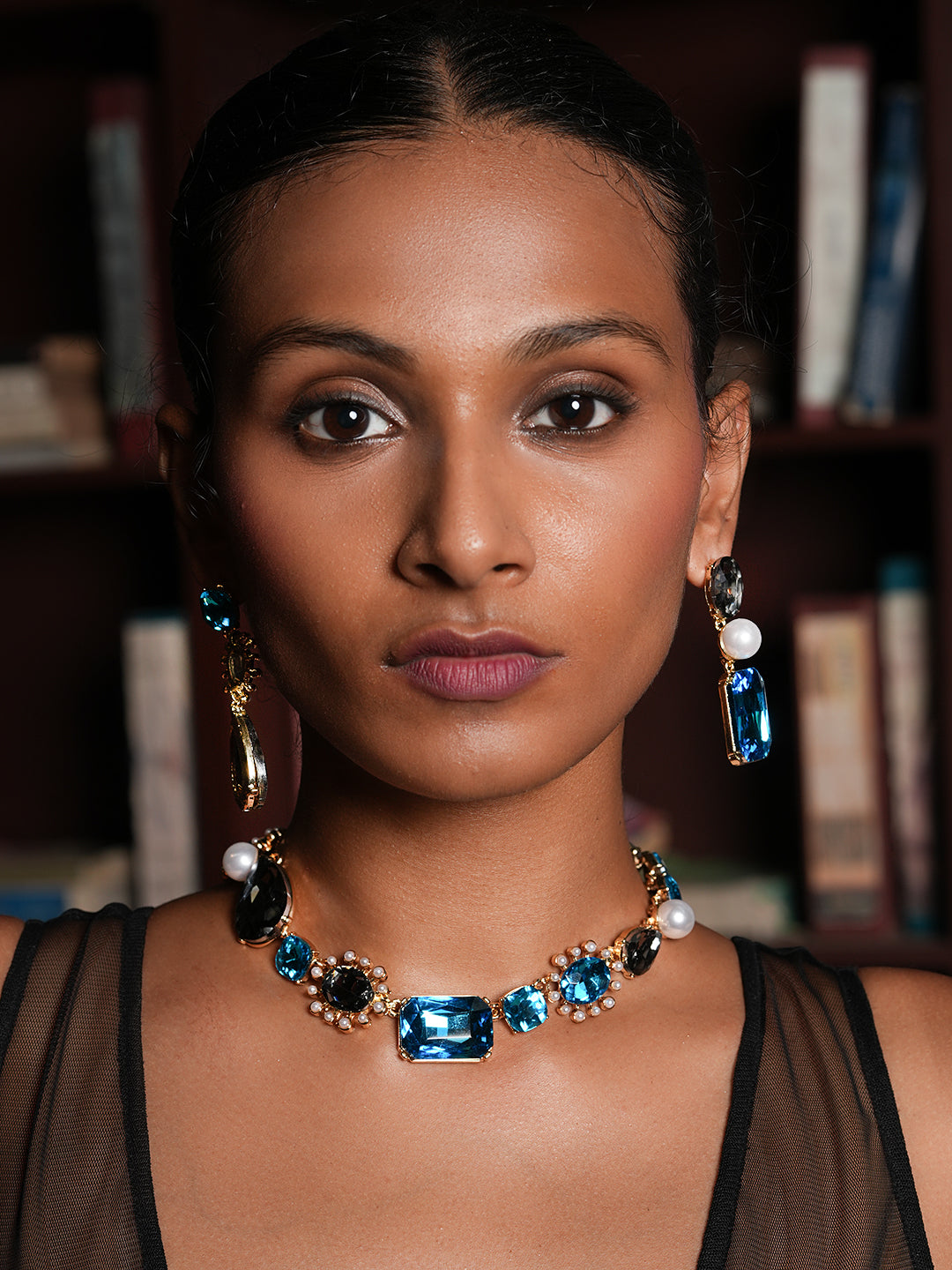 Pearl with Blue Rhinestones Premium Necklace