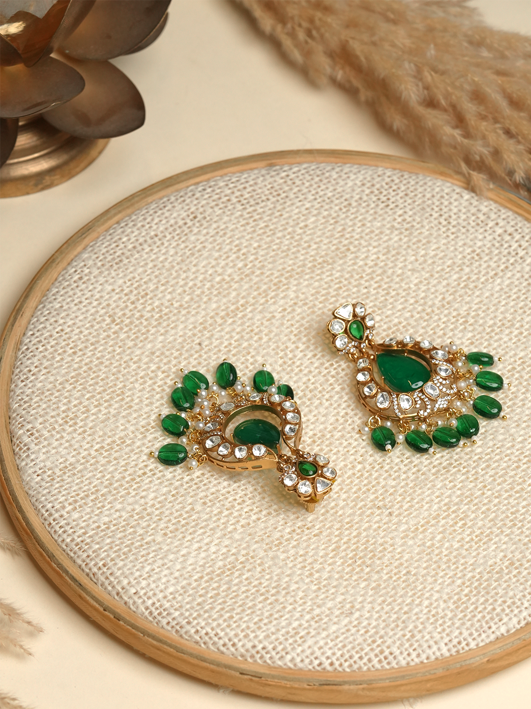 Long Green Colored Kundan Earrings