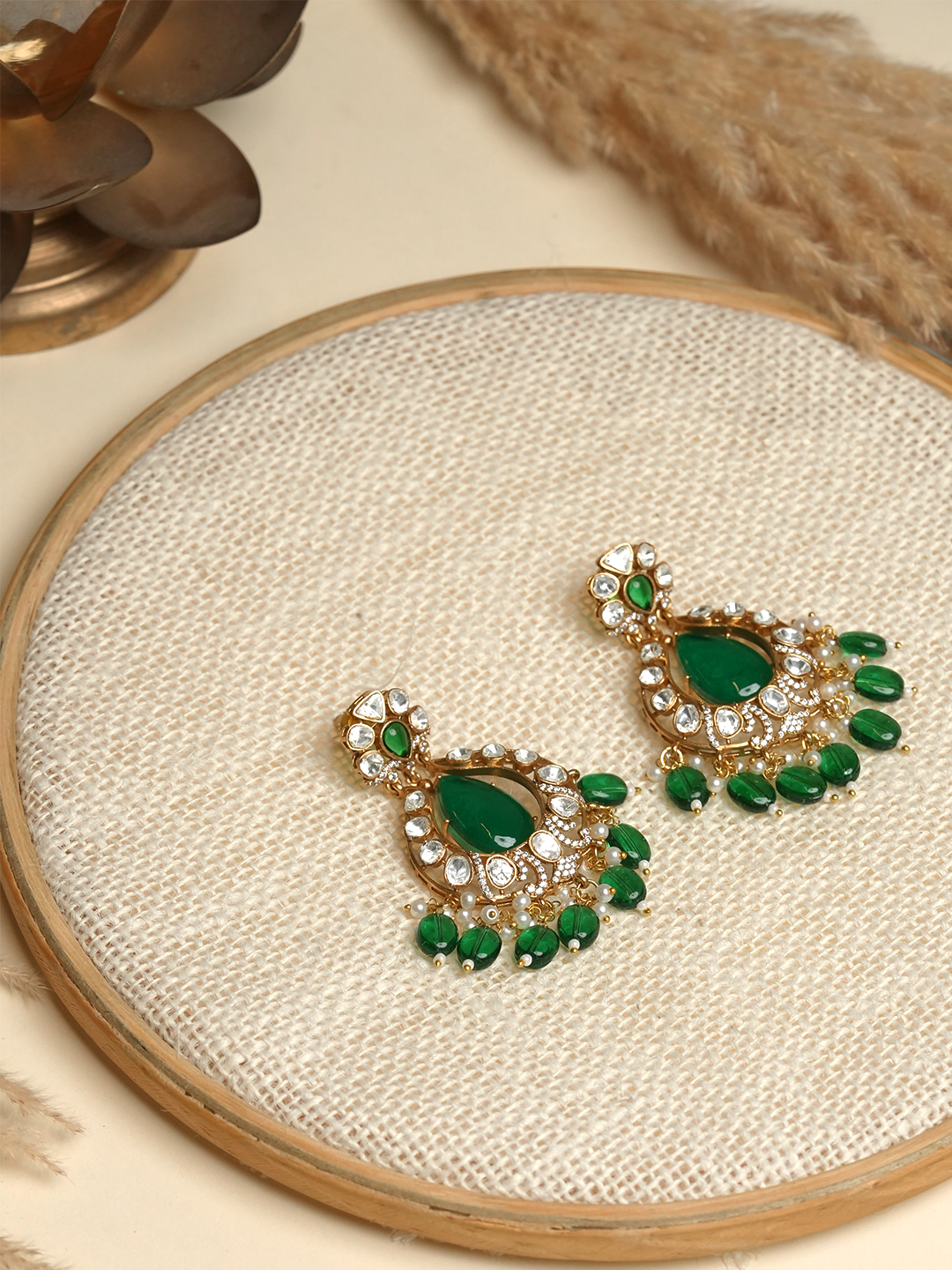 Long Green Colored Kundan Earrings