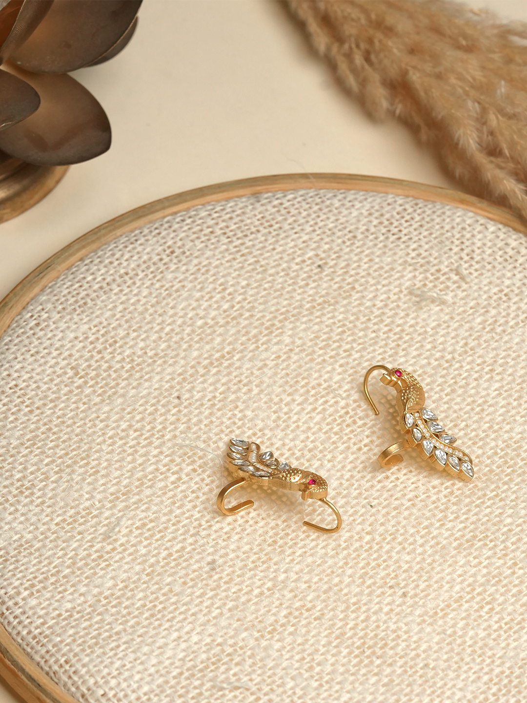 Designer White Kundan Peacock Earcuffs
