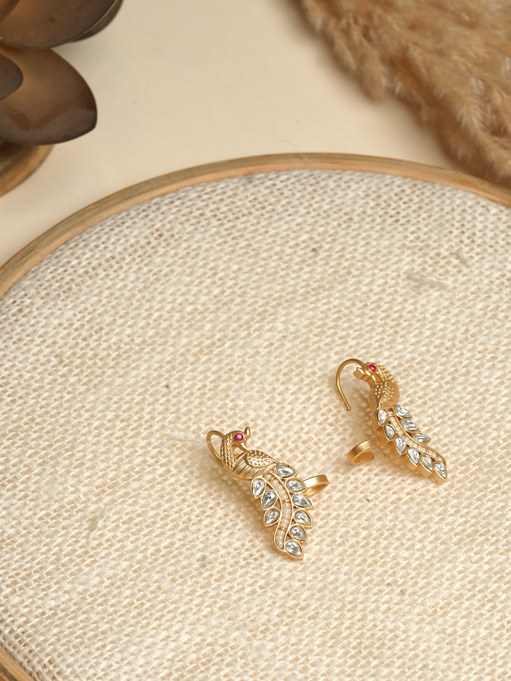 Designer White Kundan Peacock Earcuffs
