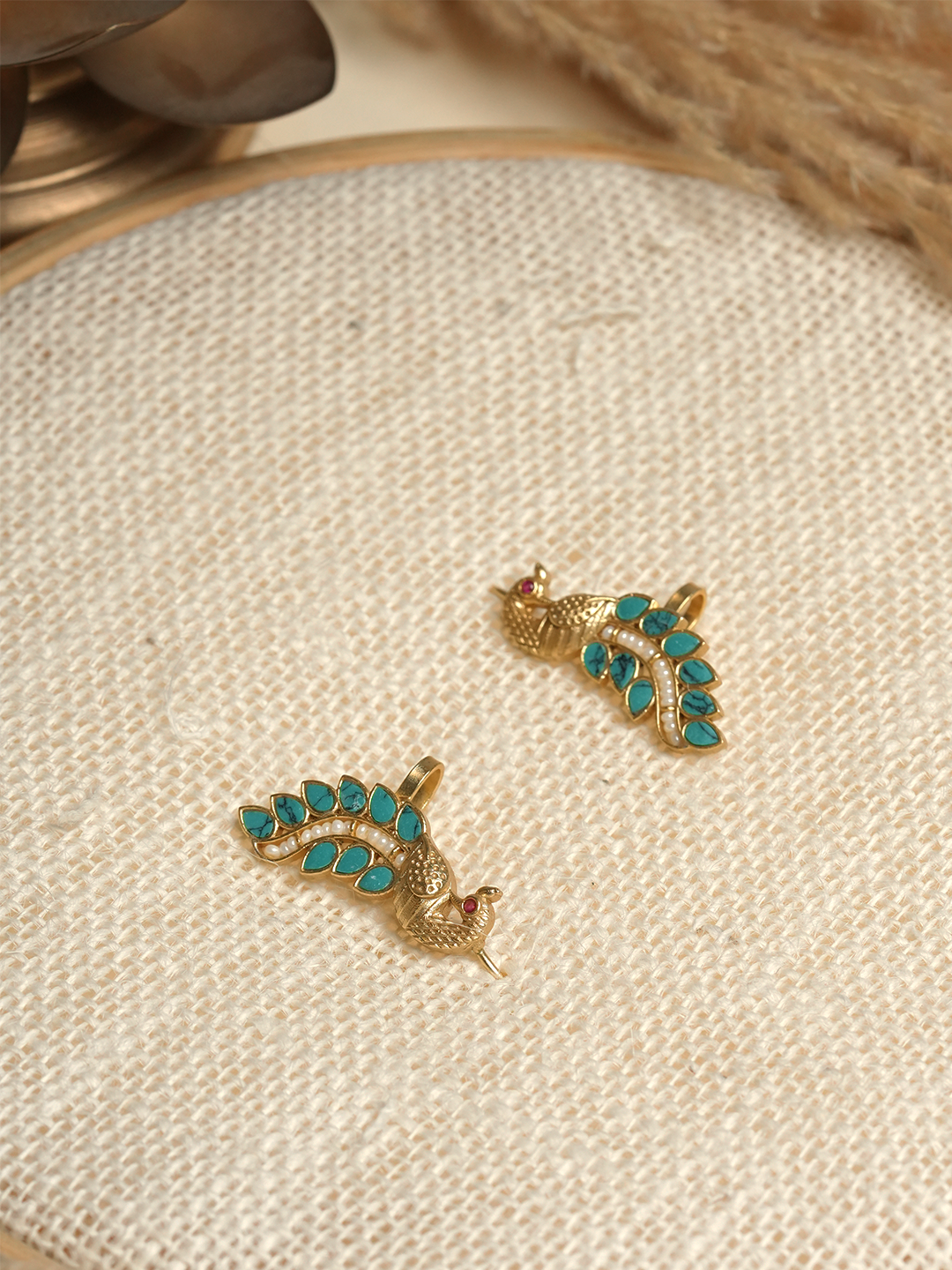 Designer Green Kundan Peacock Earcuffs