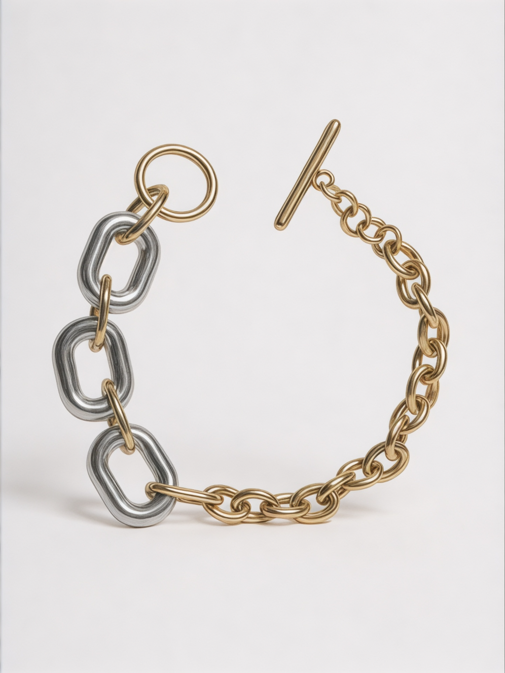 Gold and Silver Color Block Oval Hollow Circle Cross Chain Bracelet