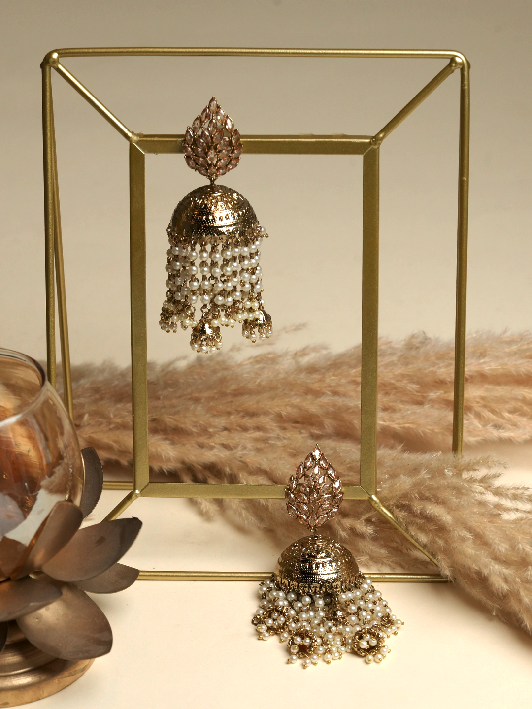 Golden Jhumki with White Latkan