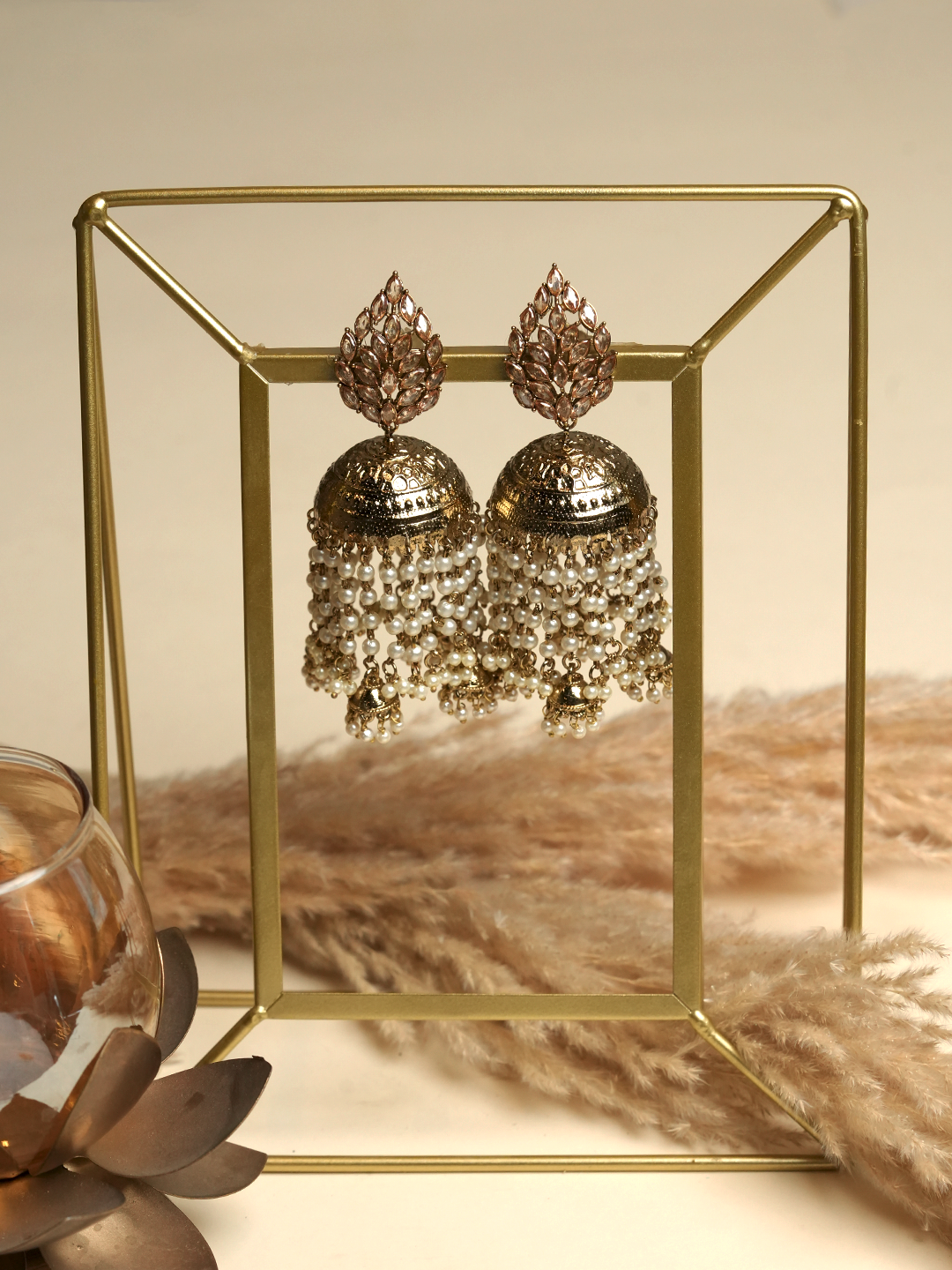 Golden Jhumki with White Latkan
