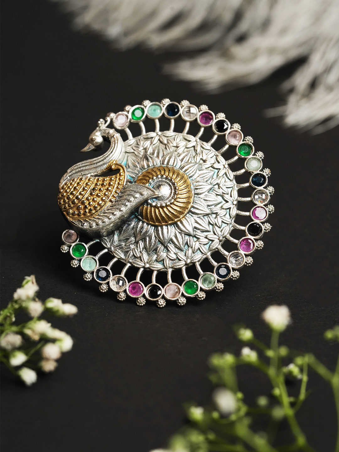 Silver Polish Peacock Ring