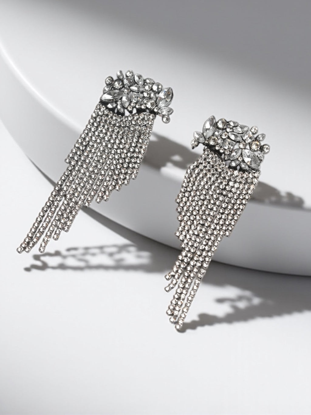 Silver Rhinestone Tassel Earrings