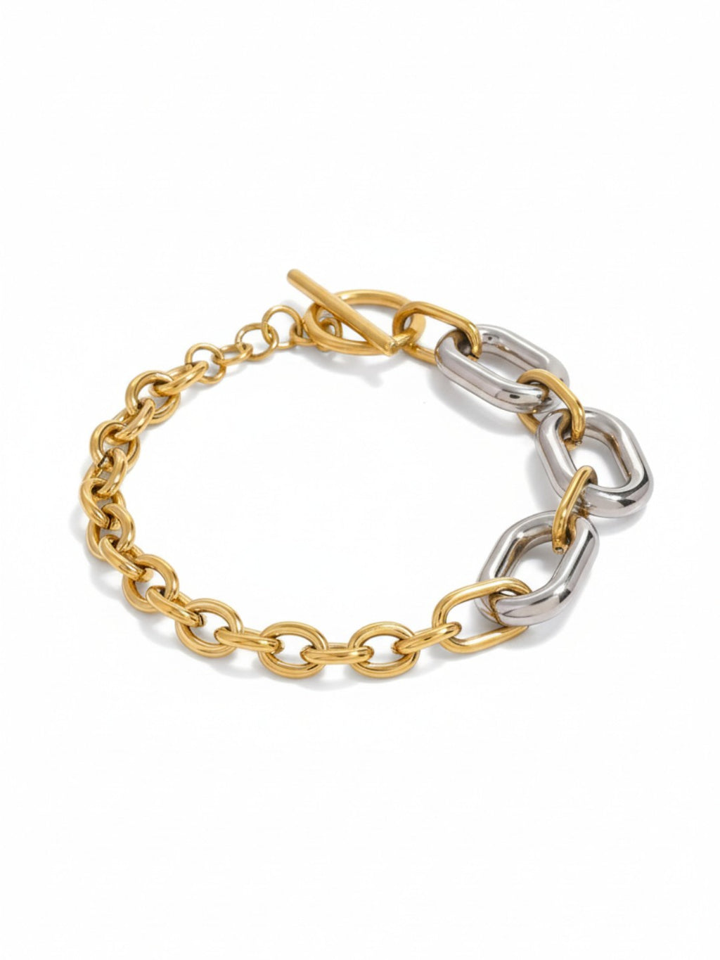 Gold and Silver Color Block Oval Hollow Circle Cross Chain Bracelet