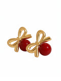 Glass Stone Pearl Bow Earrings