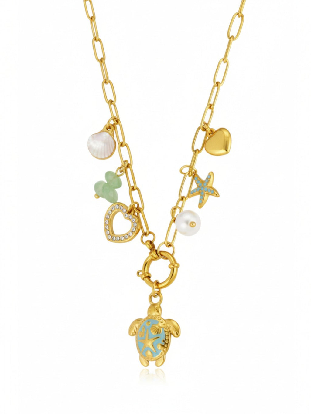 Chain Enameled Starfish Shell Pearl Charms Necklace