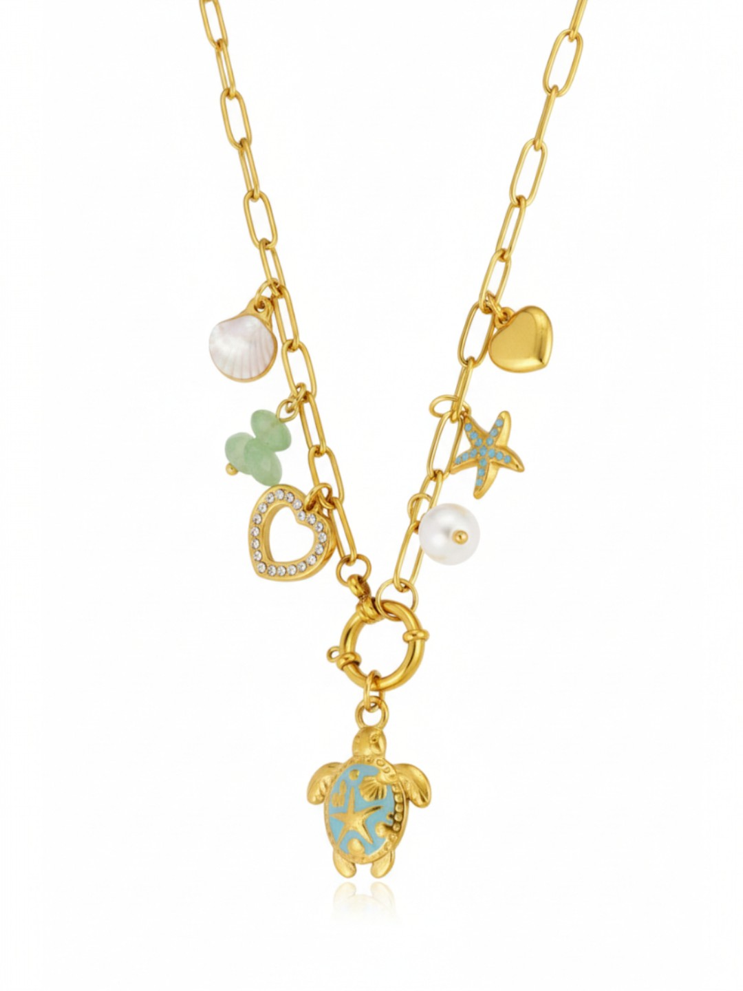 Chain Enameled Starfish Shell Pearl Charms Necklace