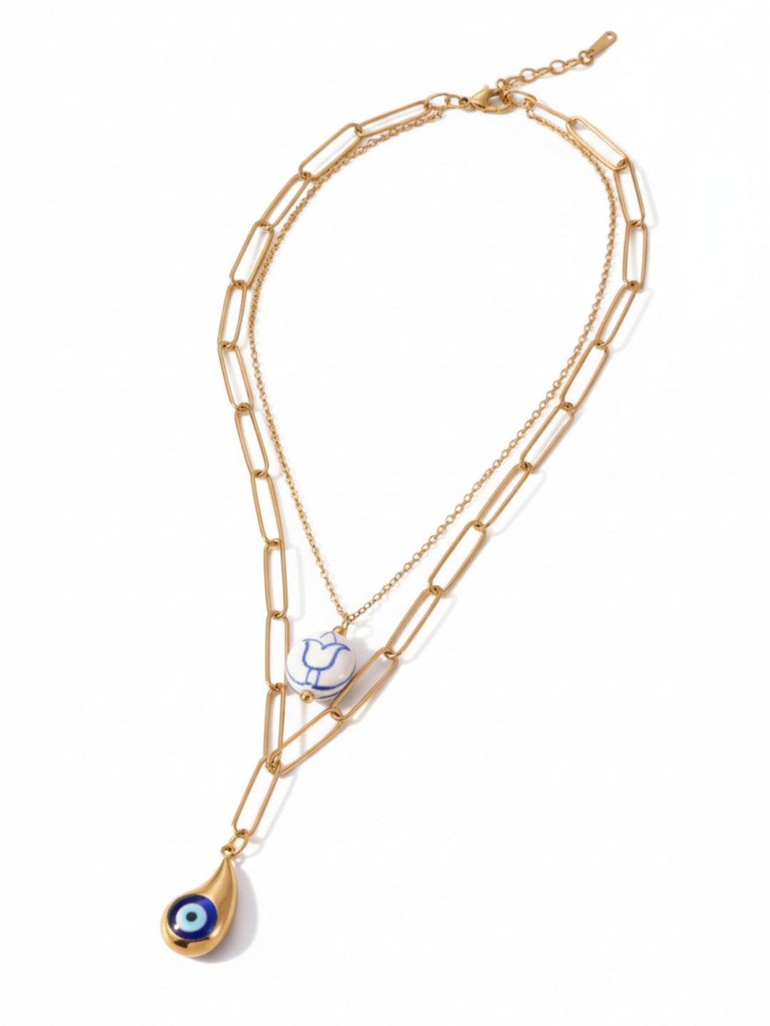 Statement Layered Blue White Flower Ceramic Necklace