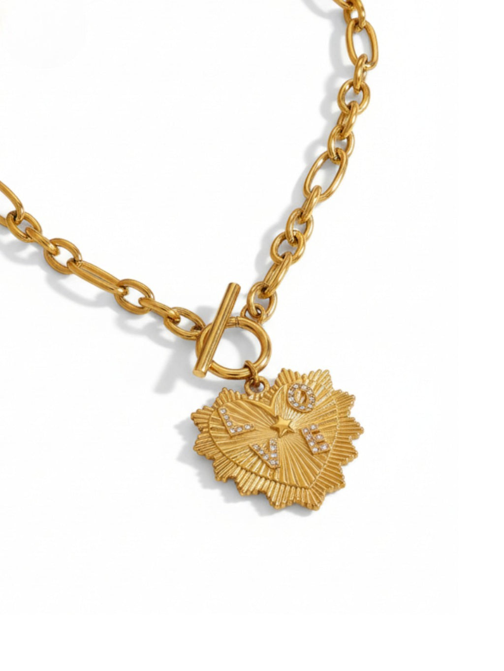 Ribbed Heart White Rhinestone Letter LOVE Pendant Necklace