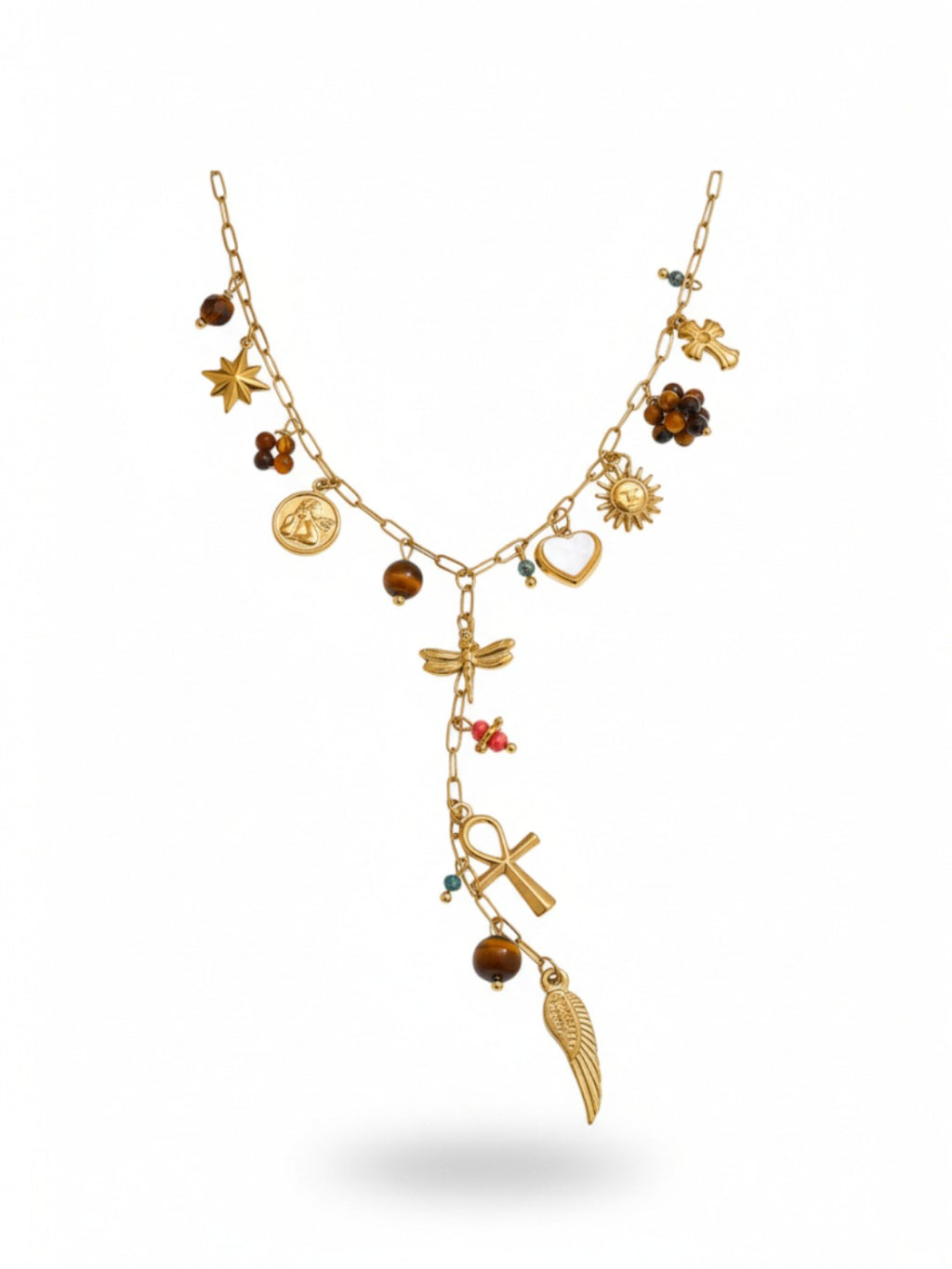 Wing Cross Heart Tiger Stone Pendant Necklace