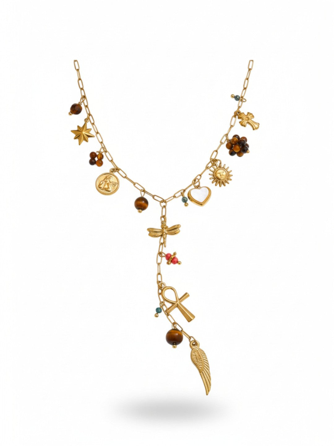 Wing Cross Heart Tiger Stone Pendant Necklace
