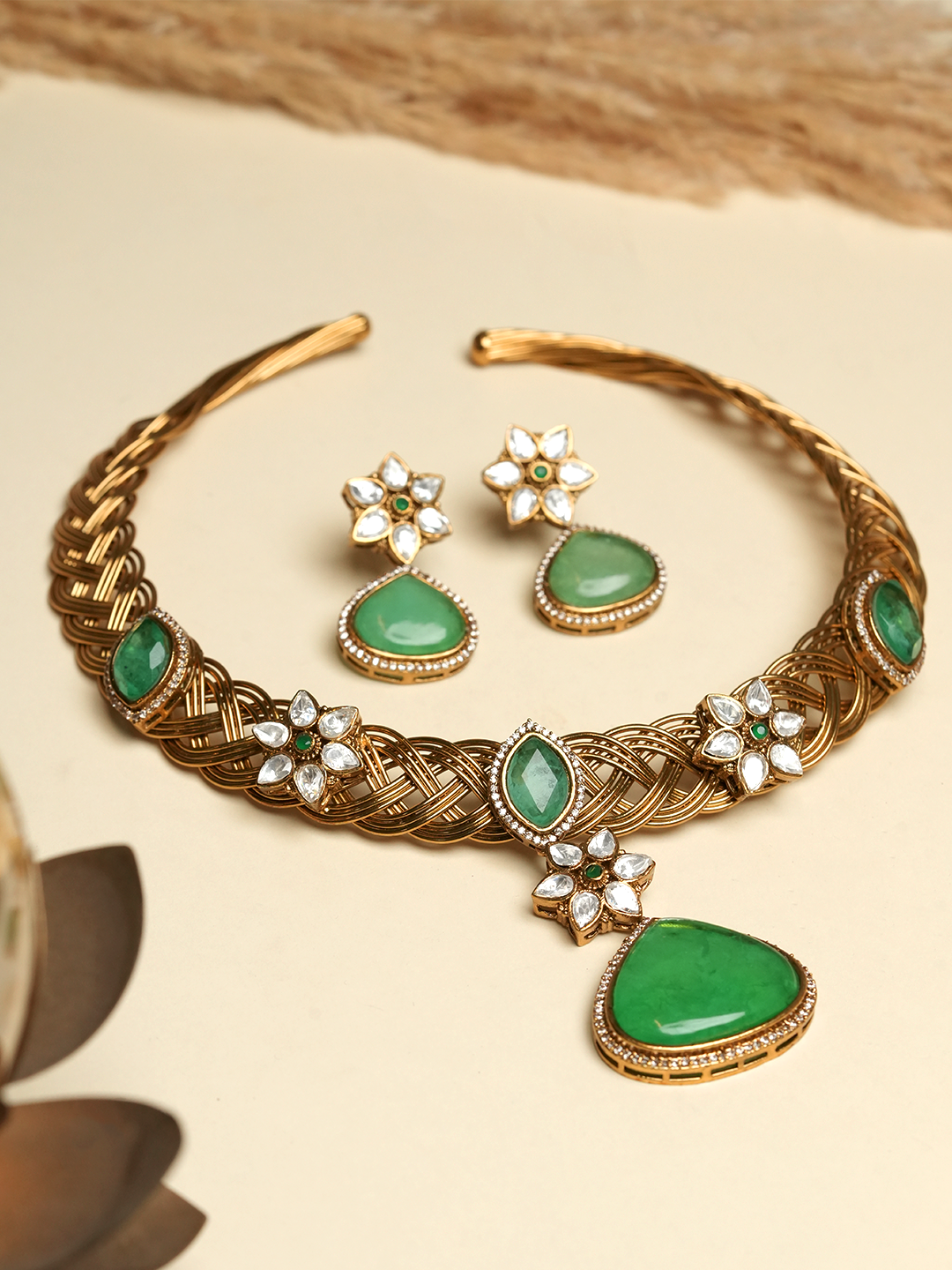 Designer Golden Hasli with Green Pendant
