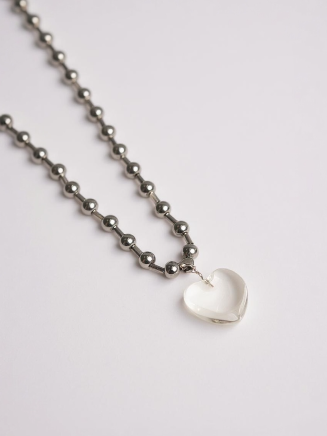 Silver Transparent Glass Heart Pendant Necklace