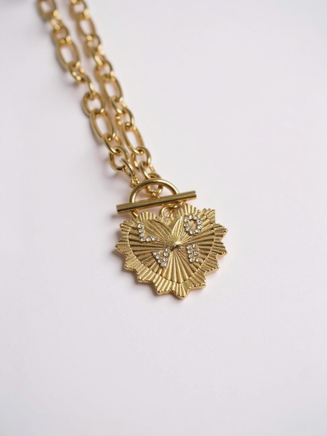 Ribbed Heart White Rhinestone Letter LOVE Pendant Necklace