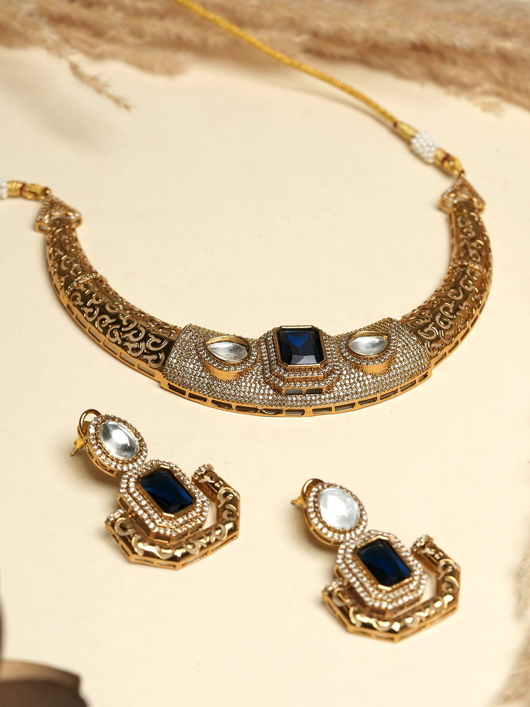 Designer Golden CZ Hasli With Blue Stone