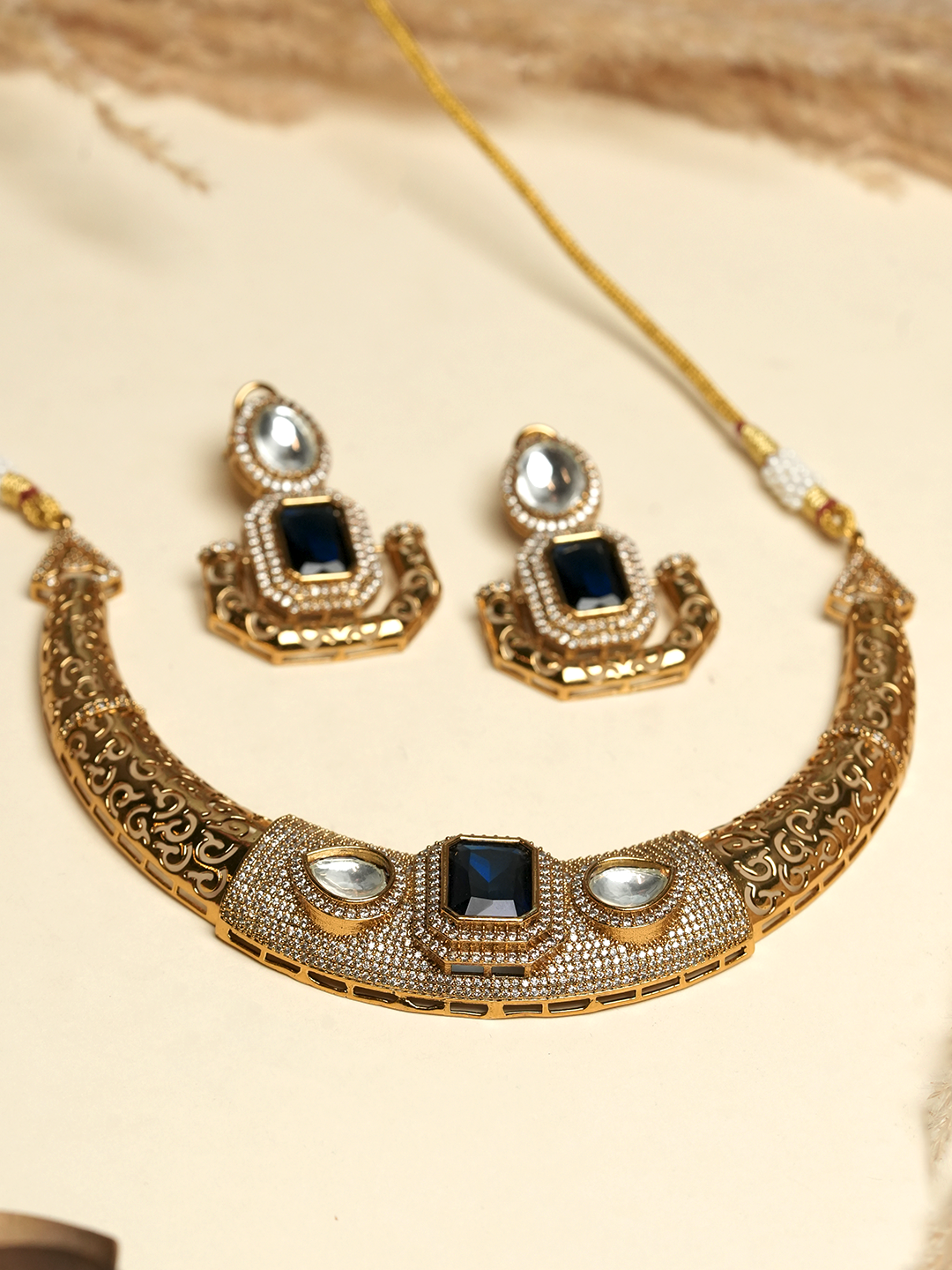 Designer Golden CZ Hasli With Blue Stone