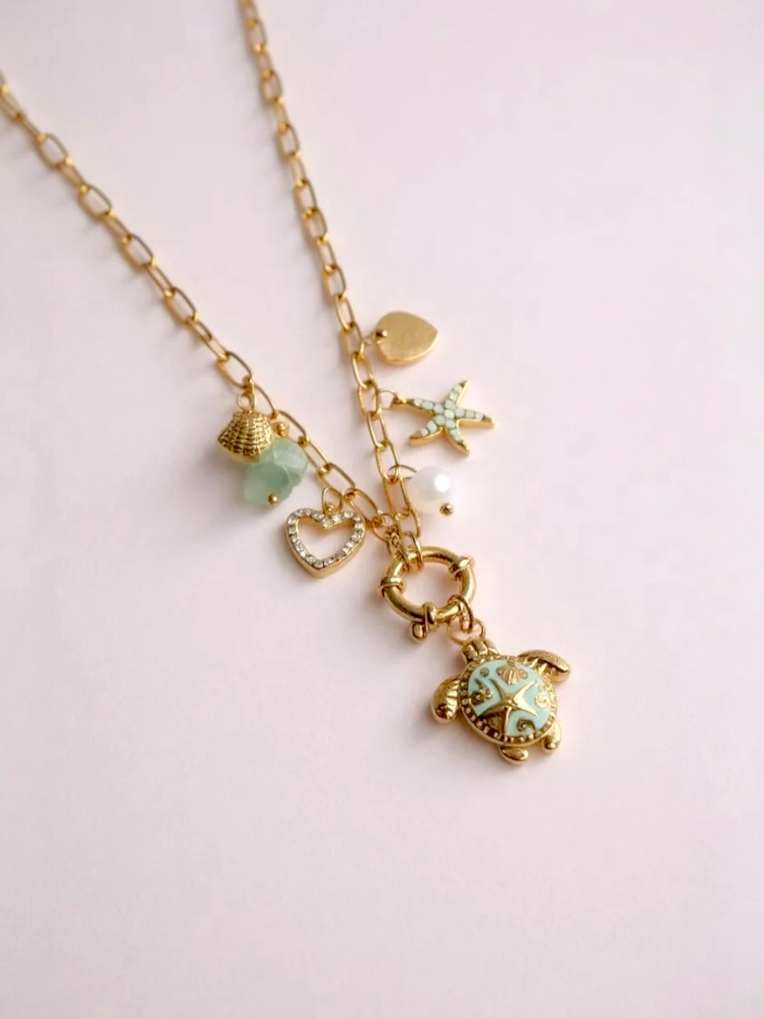 Chain Enameled Starfish Shell Pearl Charms Necklace