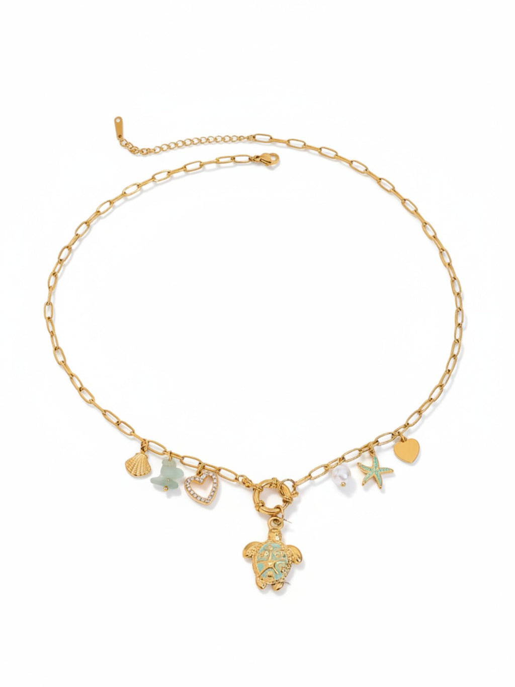 Chain Enameled Starfish Shell Pearl Charms Necklace