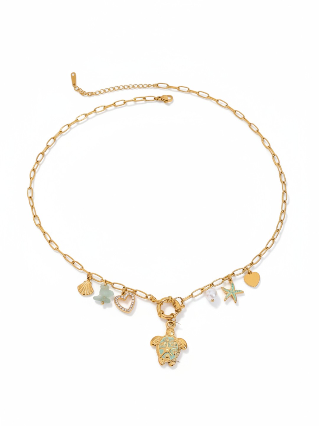 Chain Enameled Starfish Shell Pearl Charms Necklace