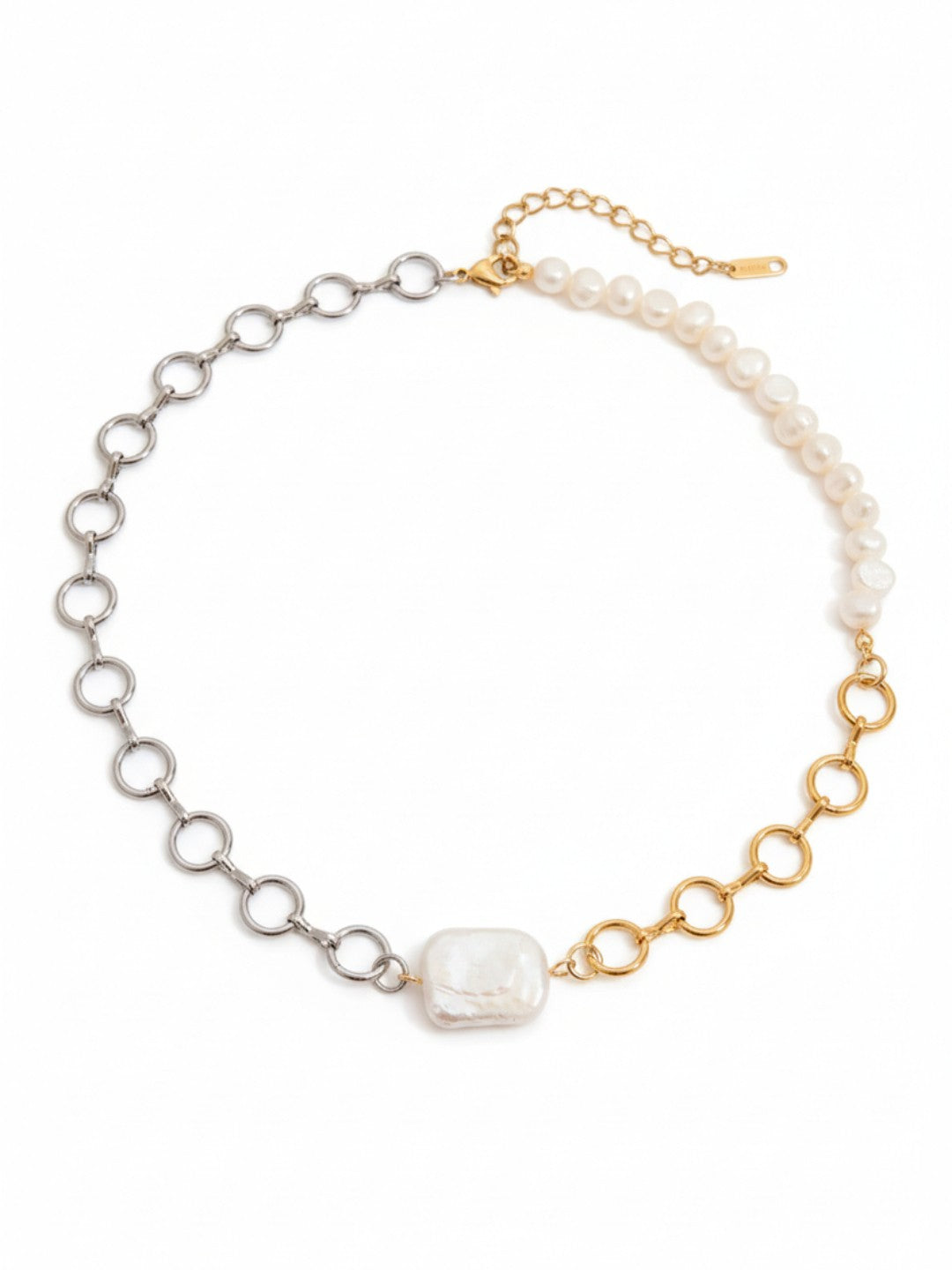 Two Tone Freshwater Pearl O-shaped Hollow Chain Necklace