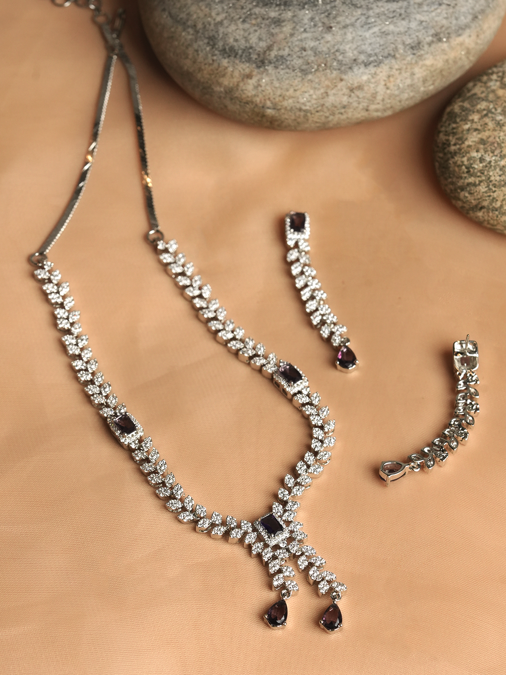 Sleek AD Necklace with Purple Stones