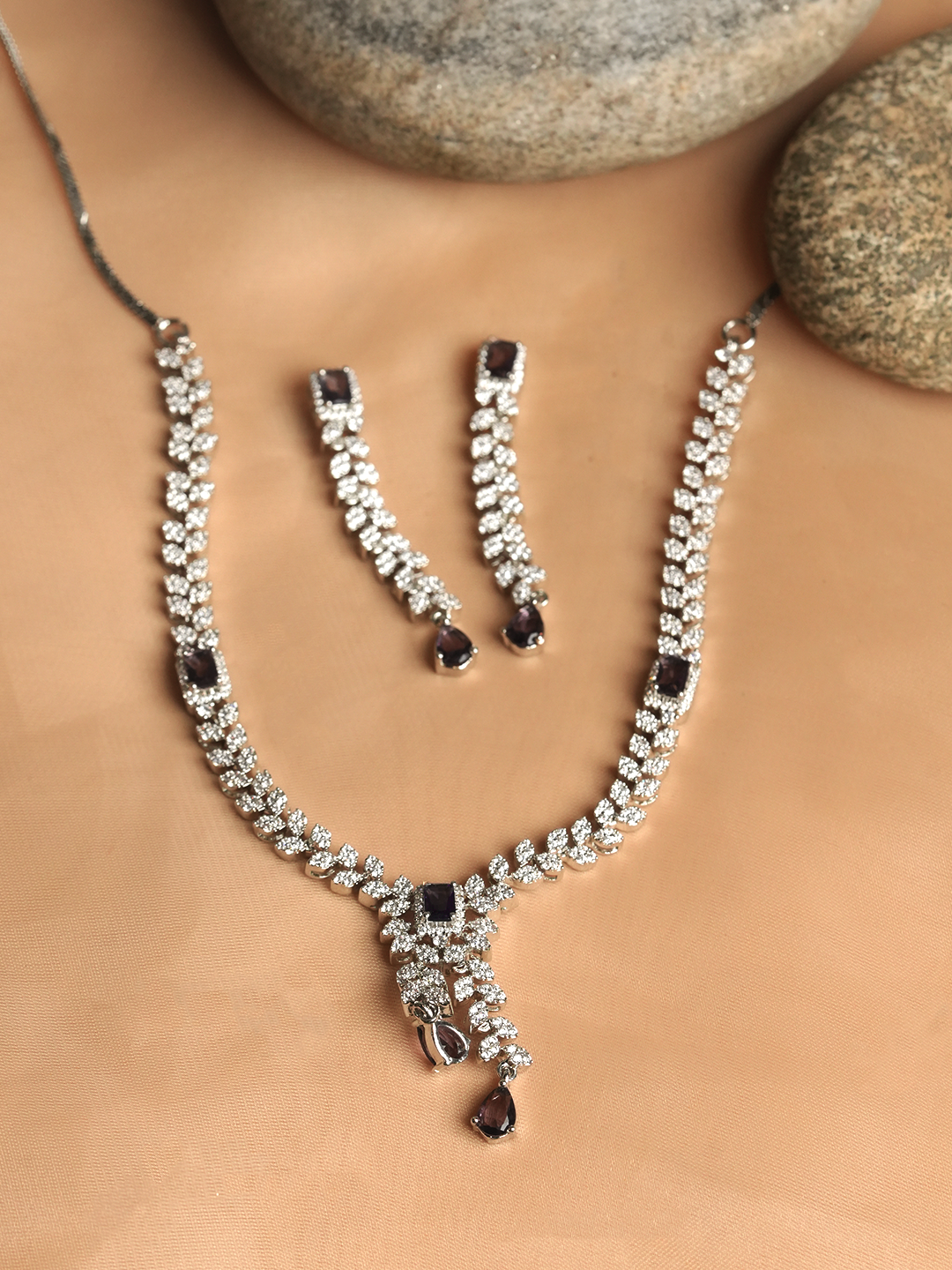 Sleek AD Necklace with Purple Stones