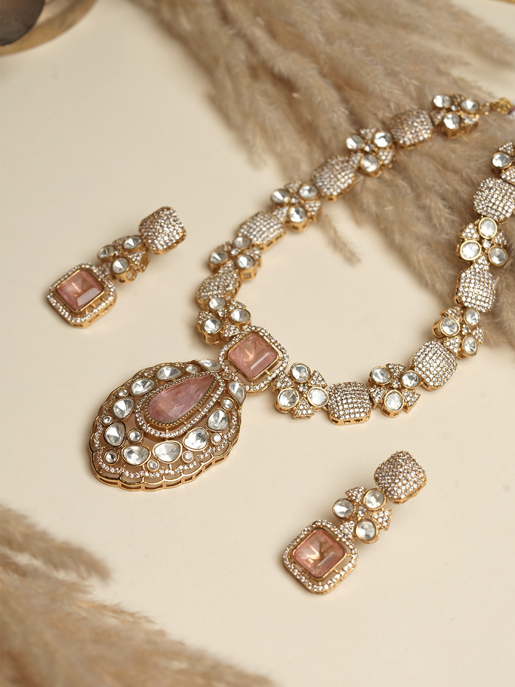 Baby Pink Necklace Set with Kundan Stones