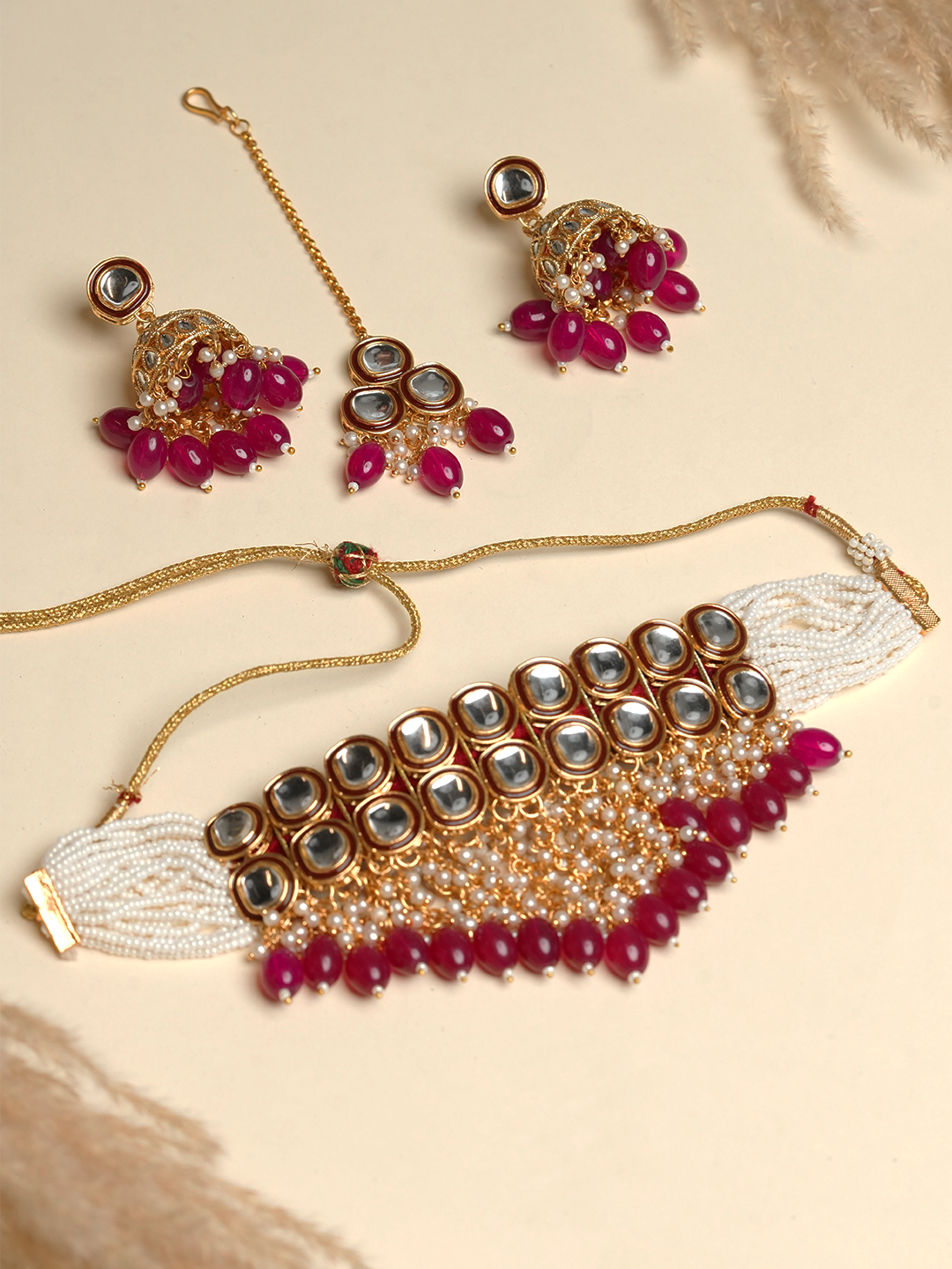 Double Line Kundan Choker with Pink Stone