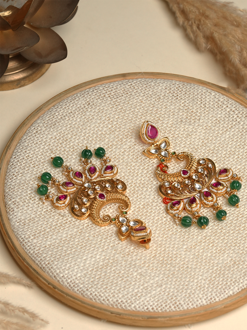 Heavy Pink Green Stone Earrings
