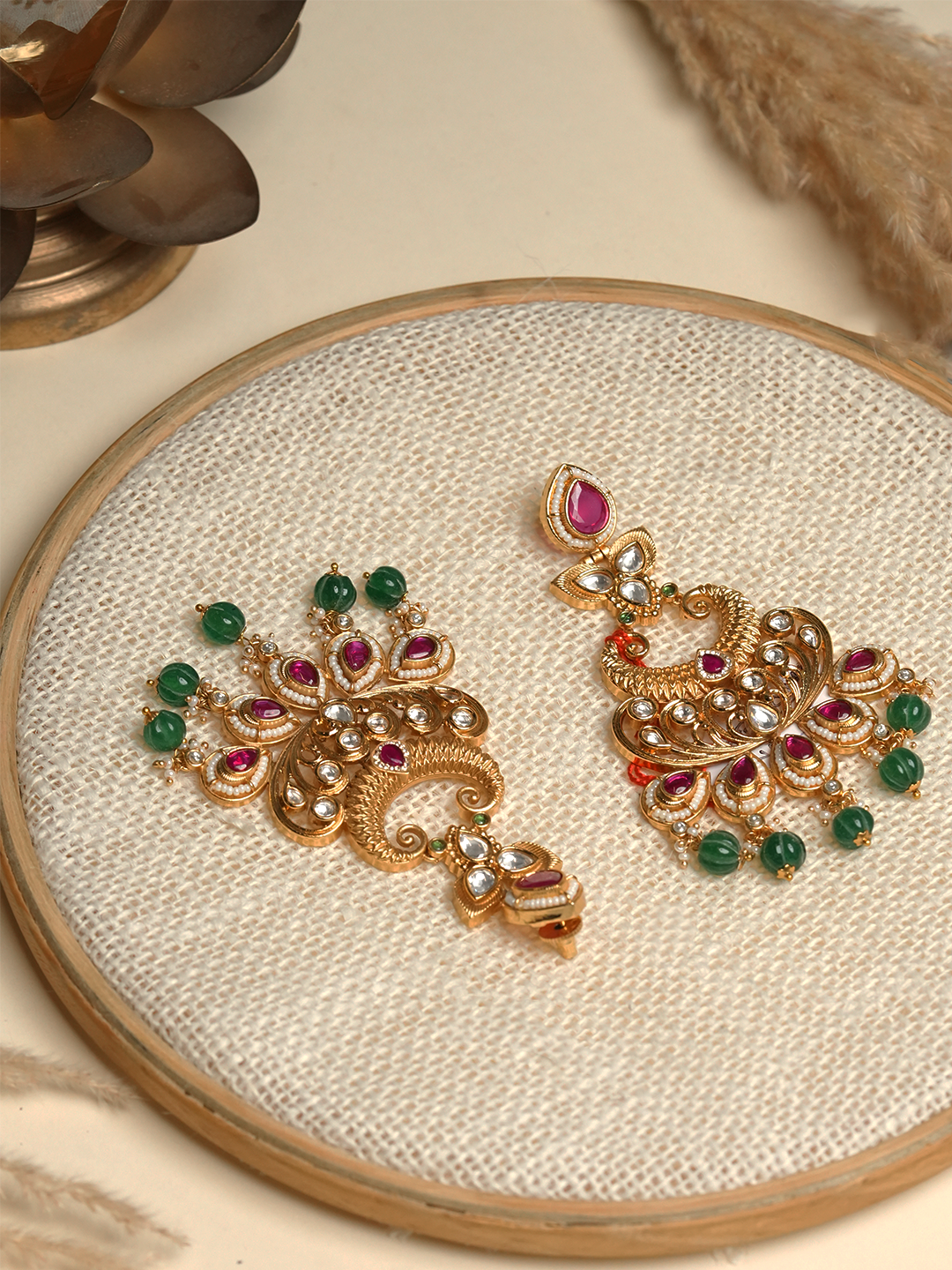 Heavy Pink Green Stone Earrings