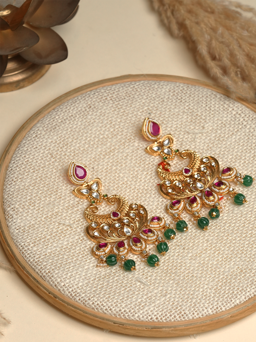 Heavy Pink Green Stone Earrings