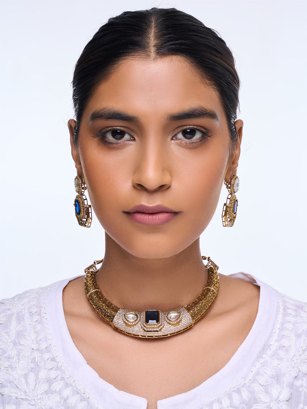 Designer Golden CZ Hasli With Blue Stone