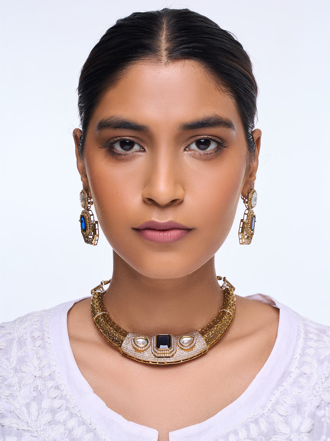 Designer Golden CZ Hasli With Blue Stone