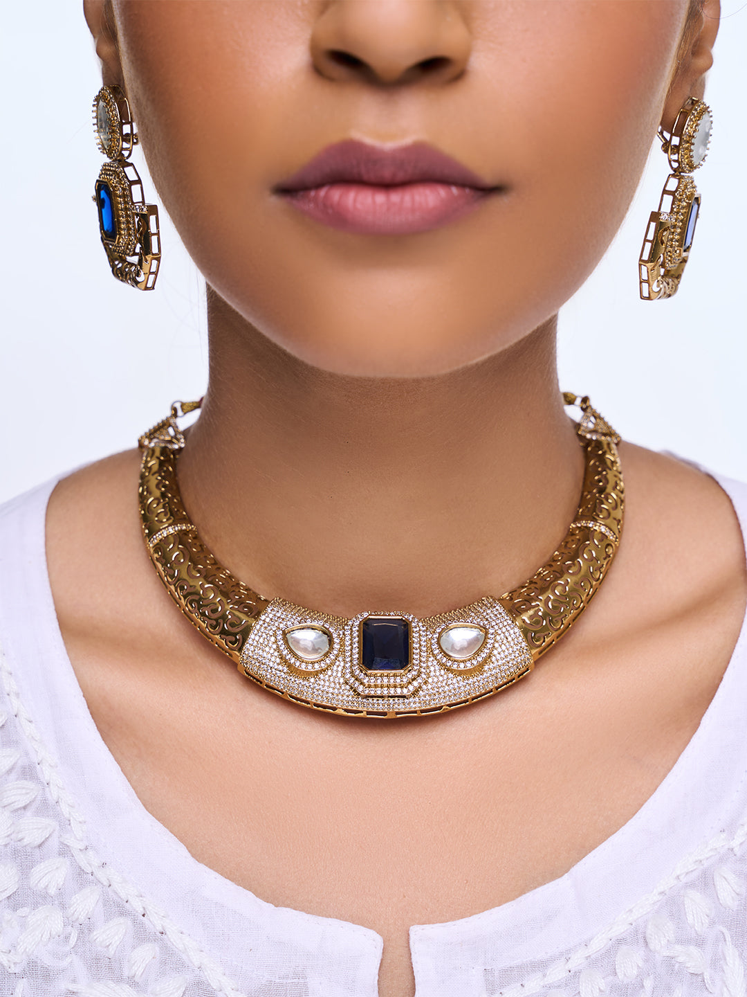 Designer Golden CZ Hasli With Blue Stone