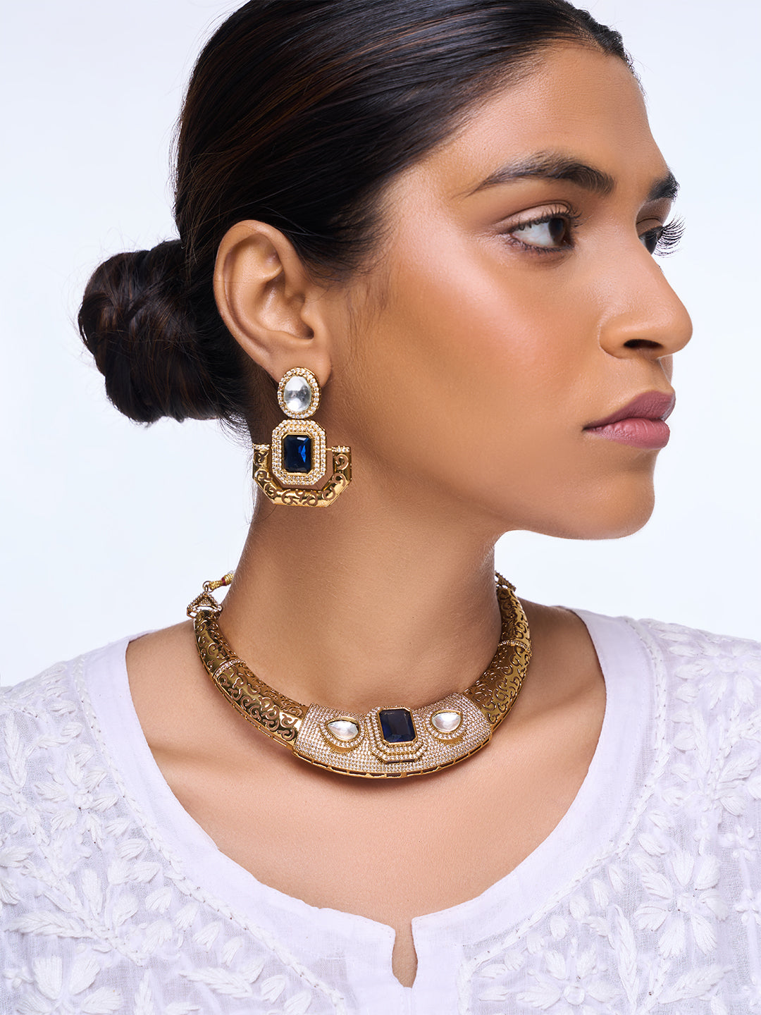 Designer Golden CZ Hasli With Blue Stone