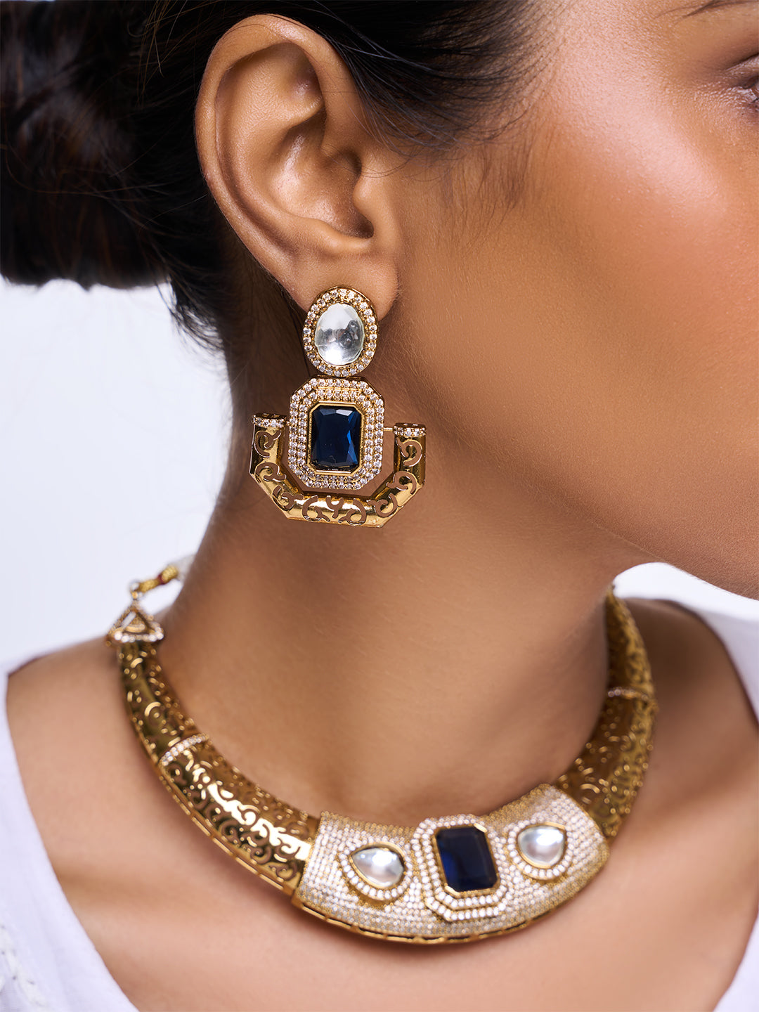 Designer Golden CZ Hasli With Blue Stone