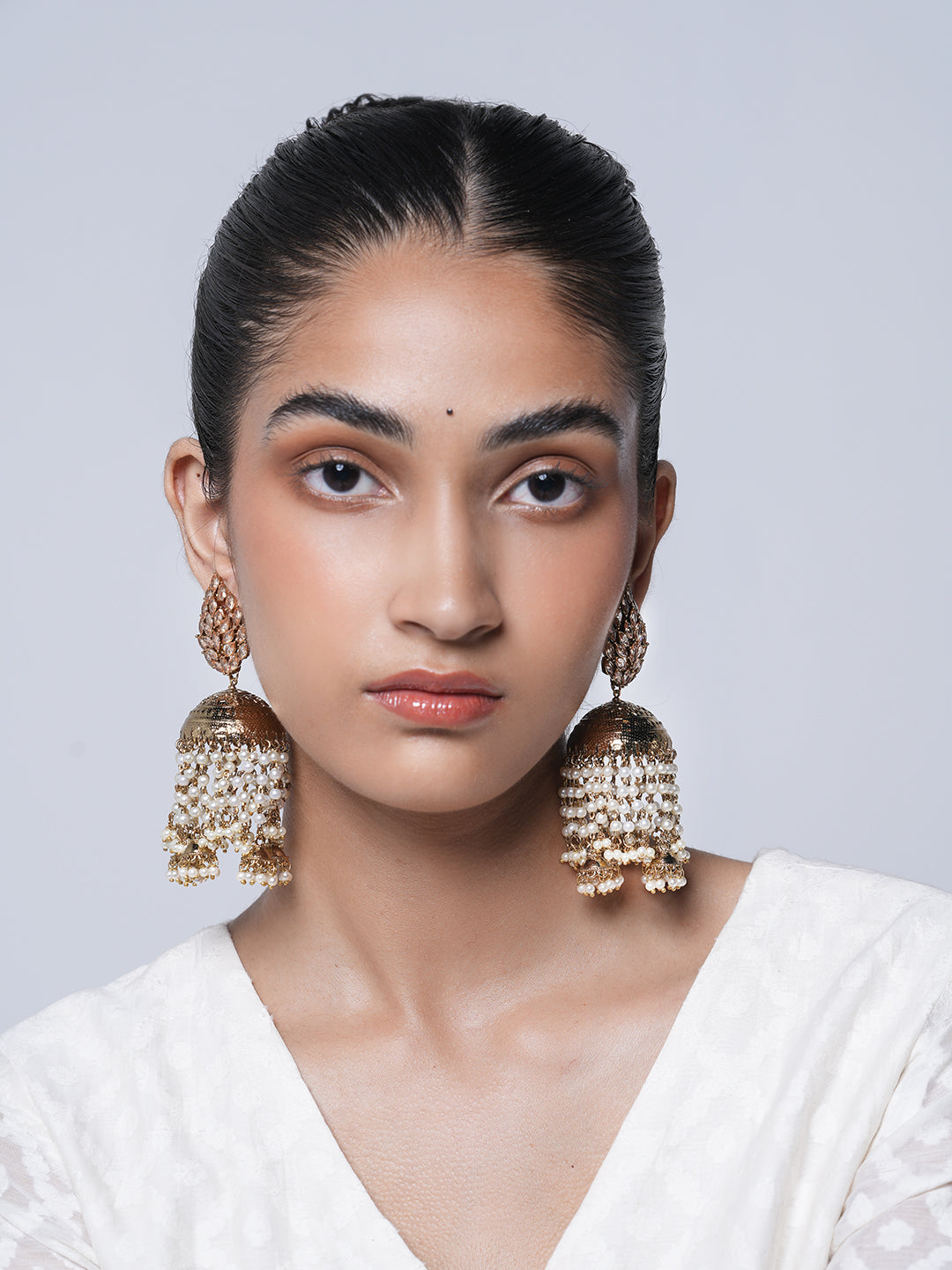 Golden Jhumki with White Latkan