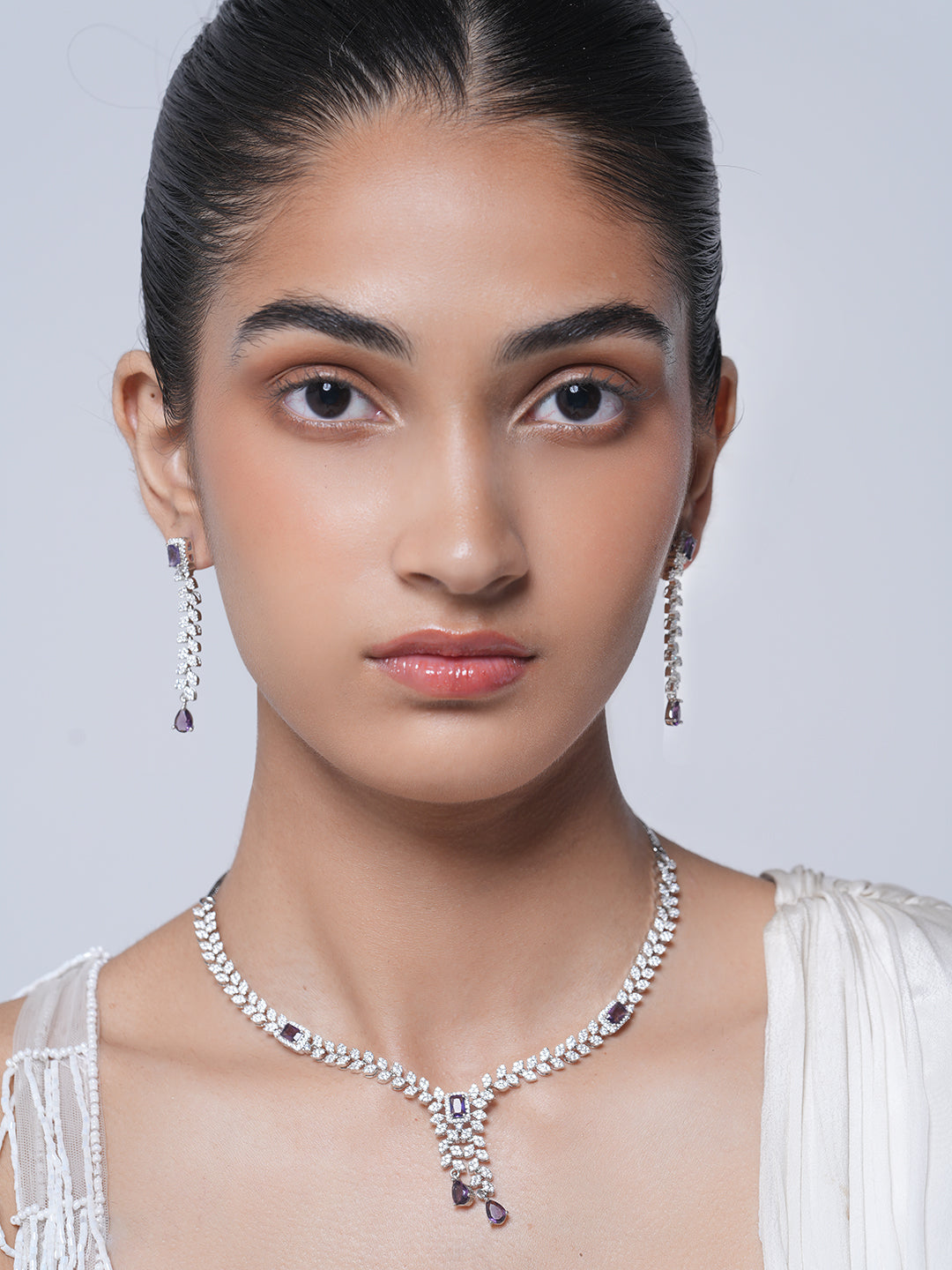 Sleek AD Necklace with Purple Stones