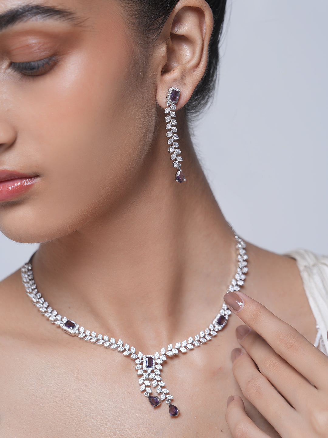 Sleek AD Necklace with Purple Stones