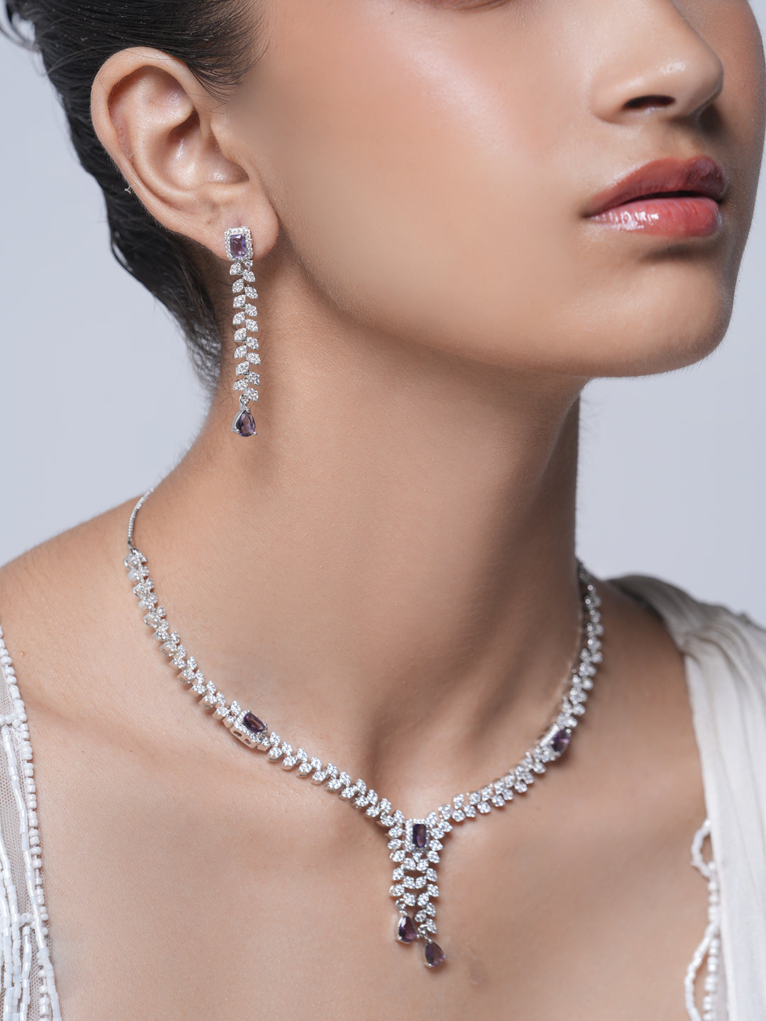 Sleek AD Necklace with Purple Stones