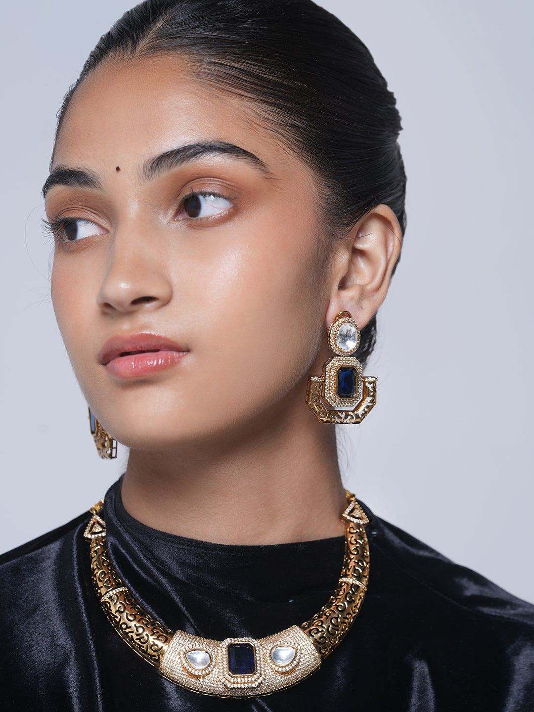 Designer Golden CZ Hasli With Blue Stone