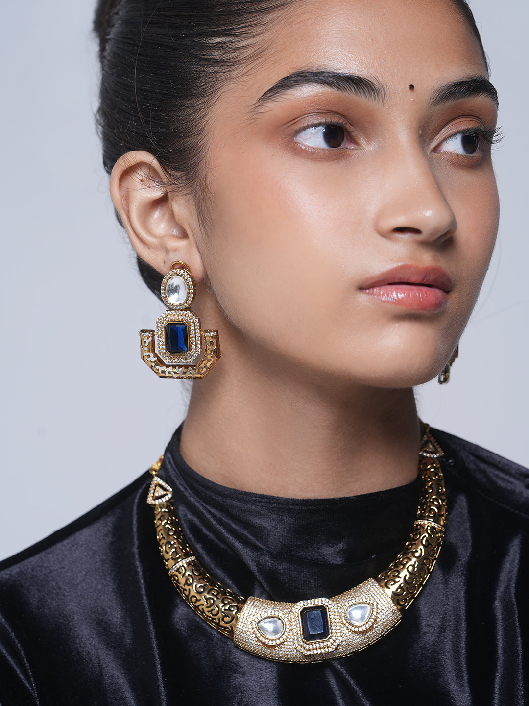 Designer Golden CZ Hasli With Blue Stone