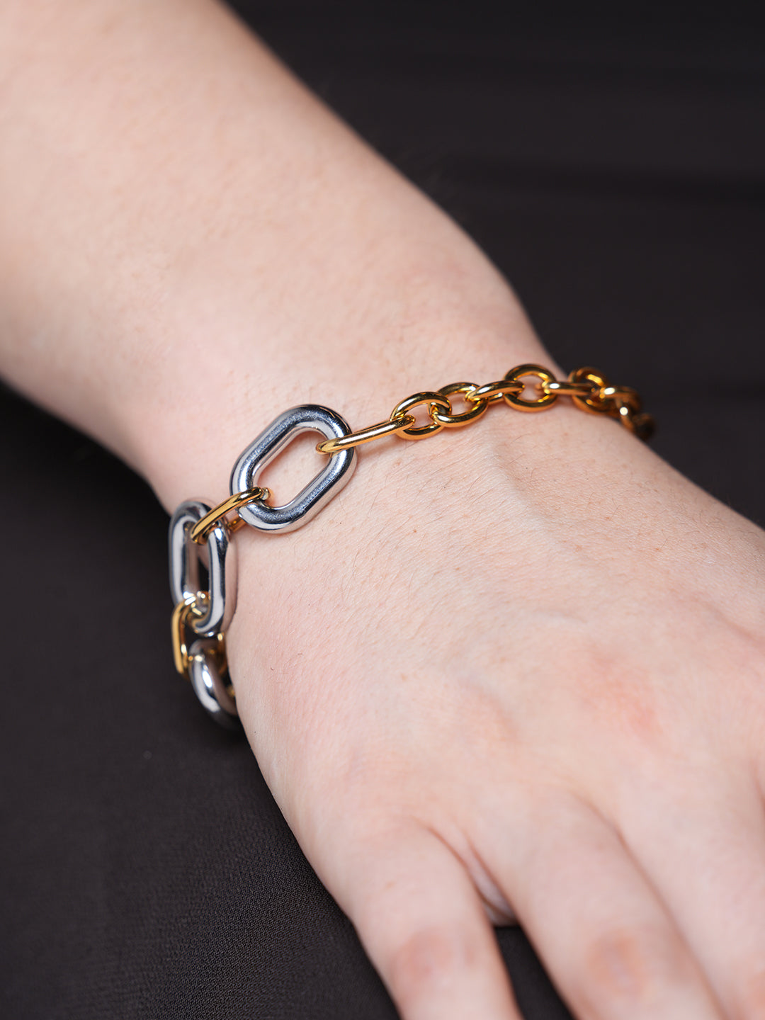 Gold and Silver Color Block Oval Hollow Circle Cross Chain Bracelet
