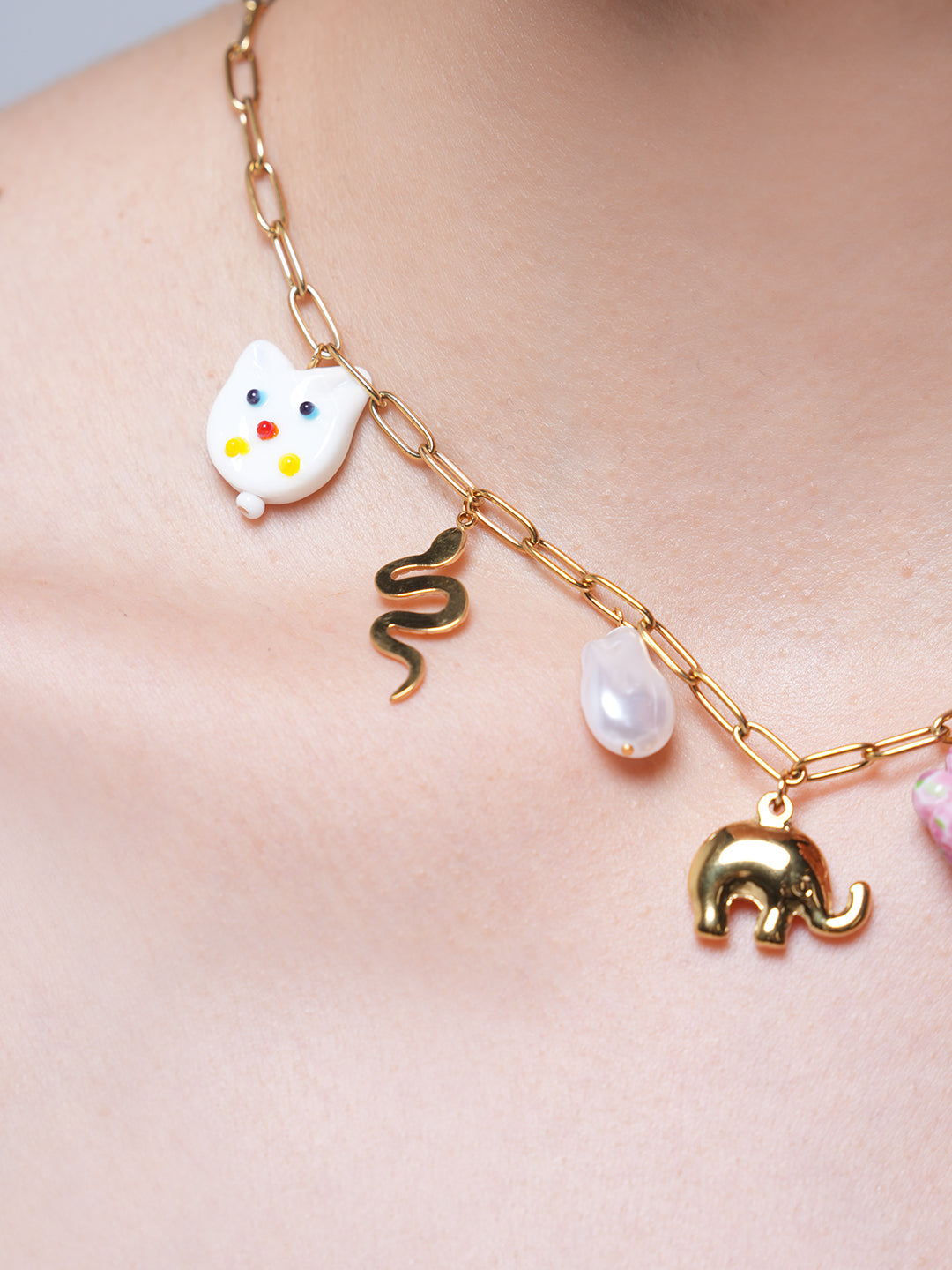 18K Gold Stainless Steel Pearl Flower Elephant Charms Necklaces